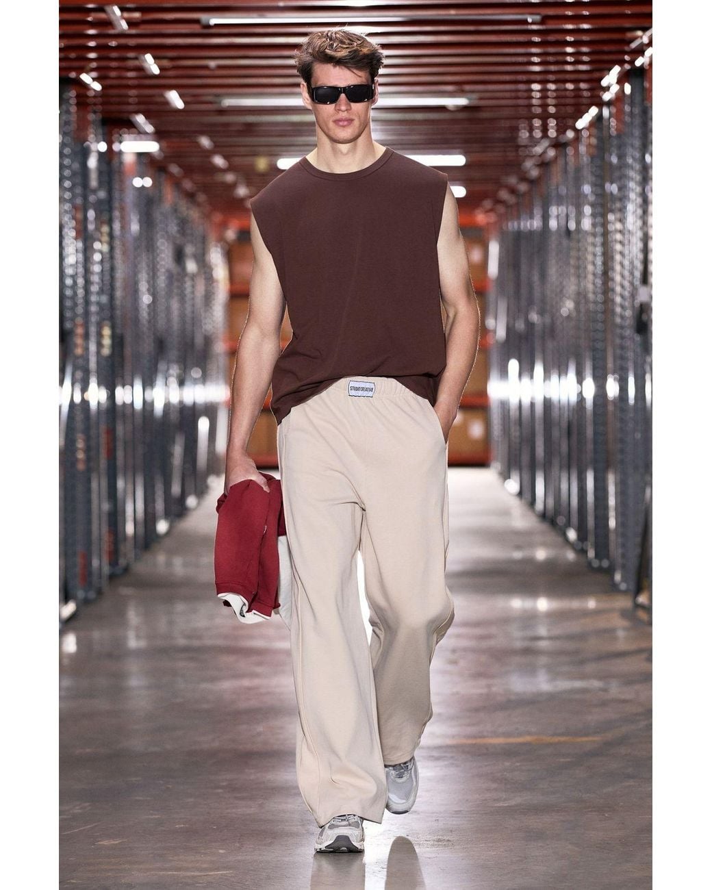 Grimelange Brown Wide Leg Plain Joggers for men
