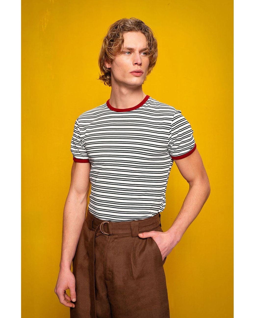 Giesto Yellow Slim Fit Striped Crew Neck T-Shirt for men