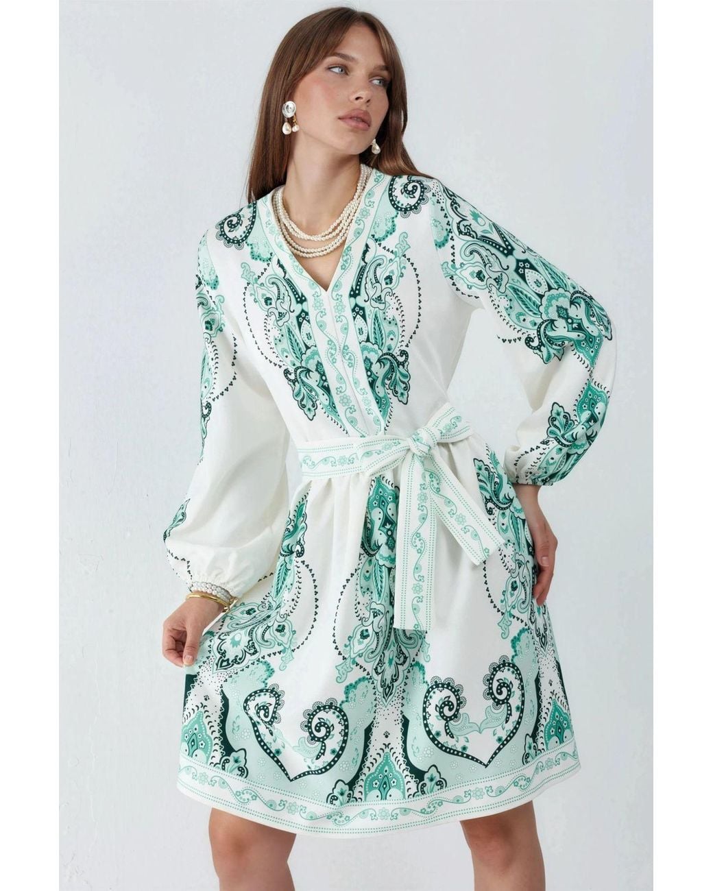 Msn-Collection Green Patterned A-Line Mini Dress