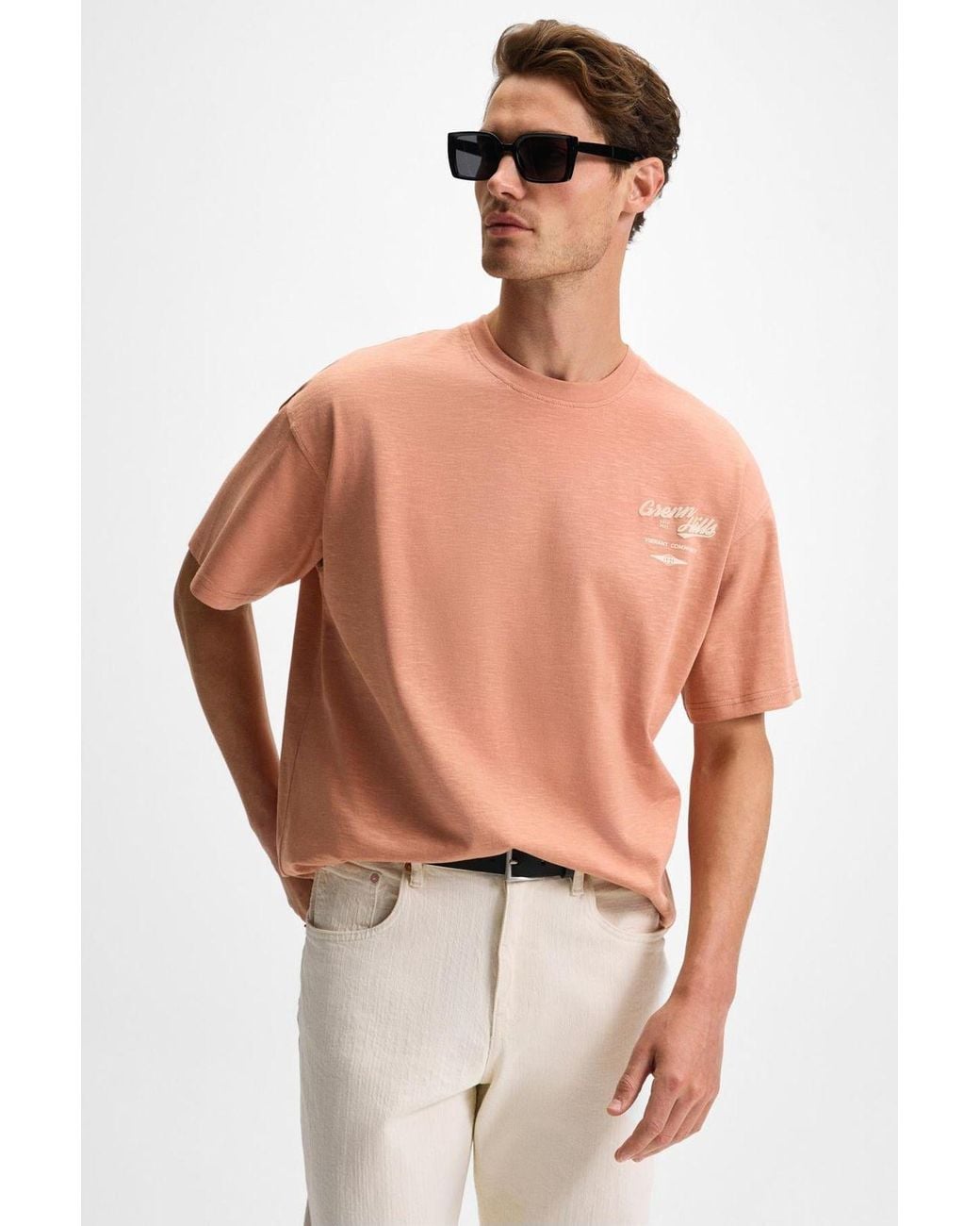 Grimelange Pink Oversized Crew Neck Logo T-Shirt for men