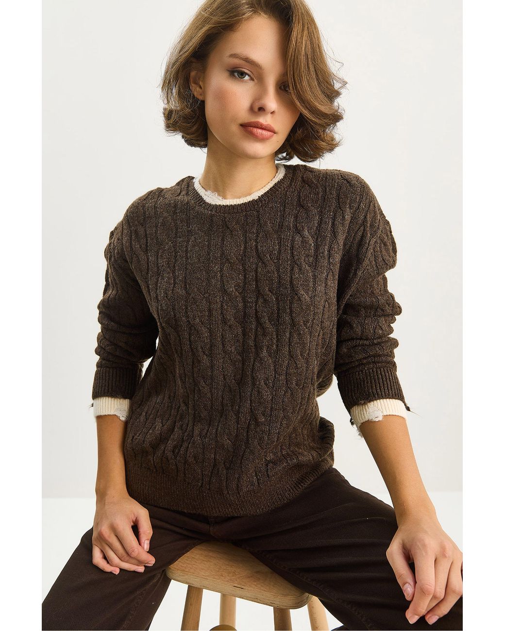 Bianco Lucci Brown Hair Braid Patterned Sweater