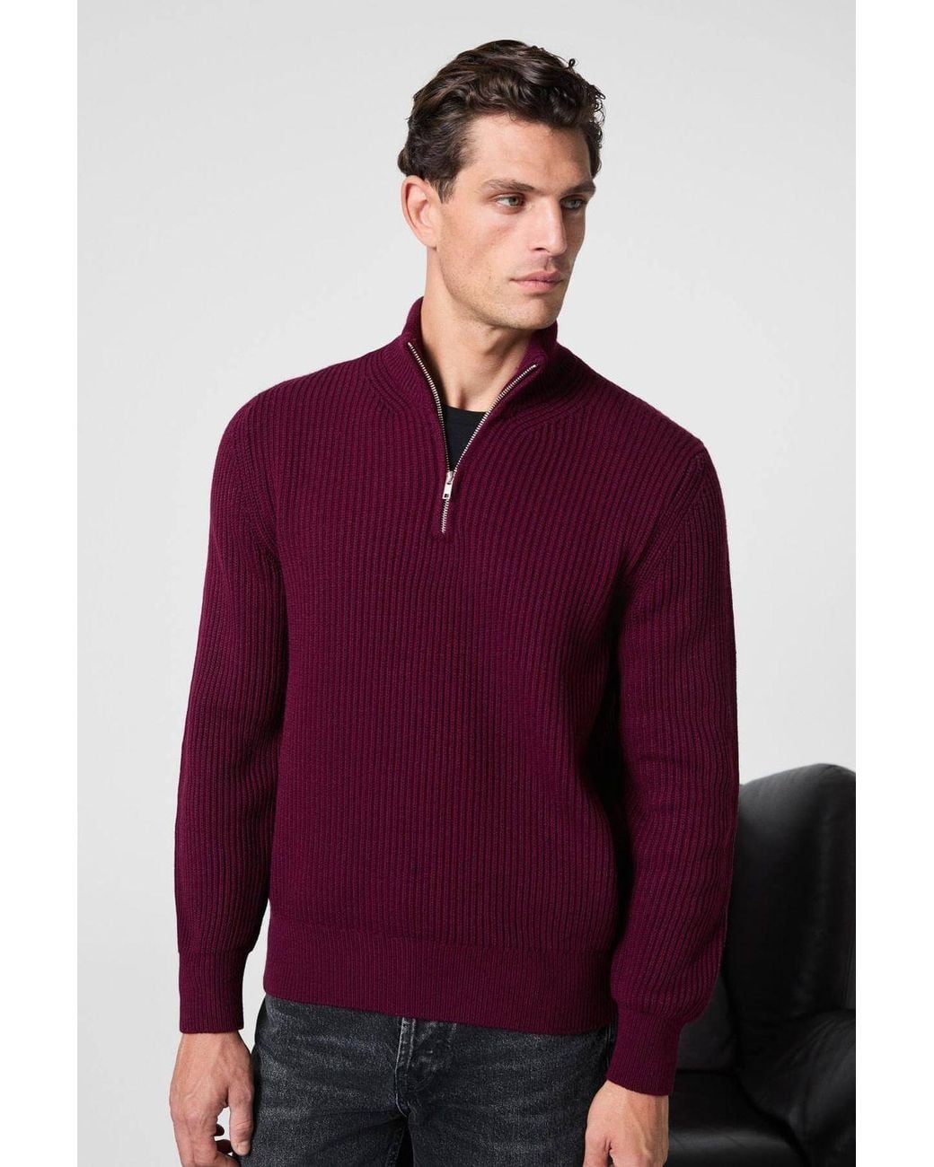 Grimelange Purple Zipper Collar Knit Jumper for men