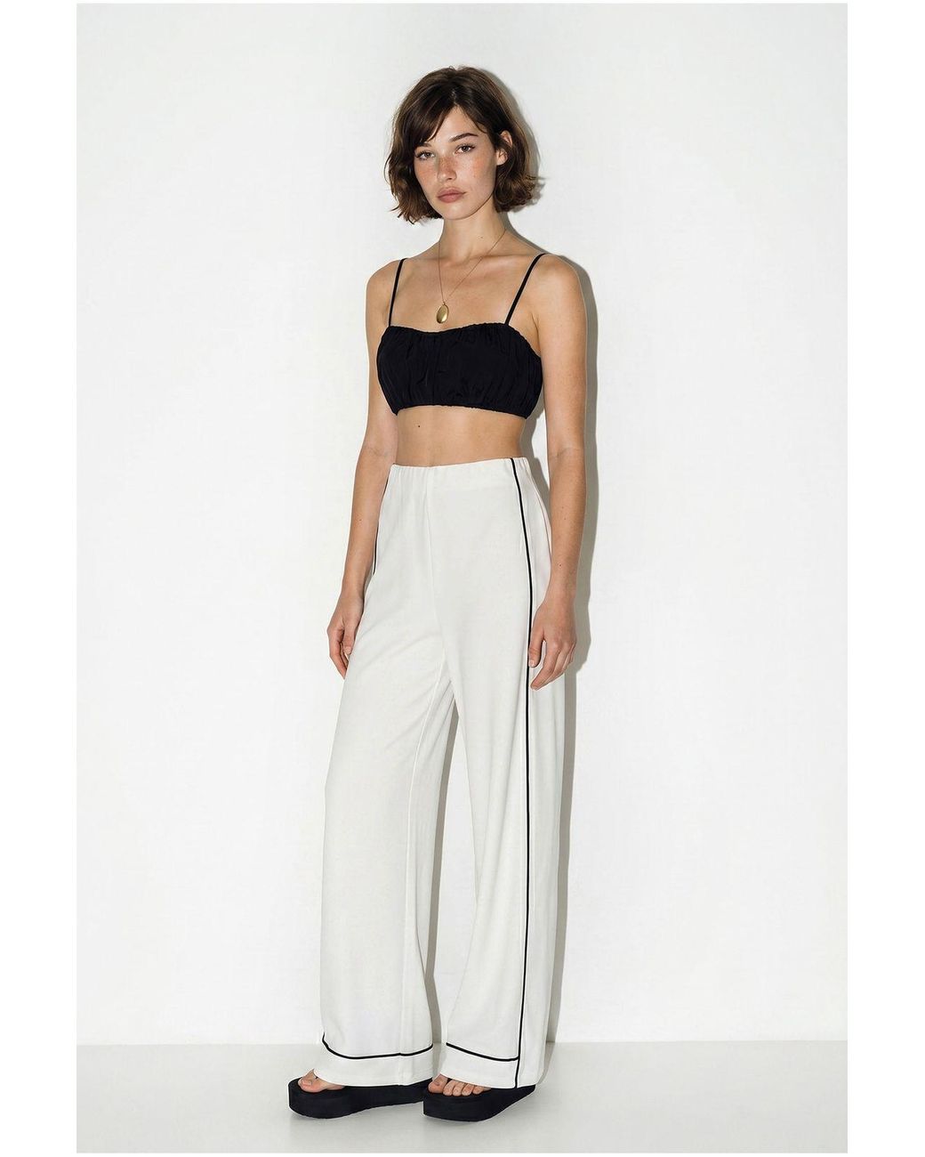 Bianco Lucci White High-Waist Wide-Leg Jersey Trousers