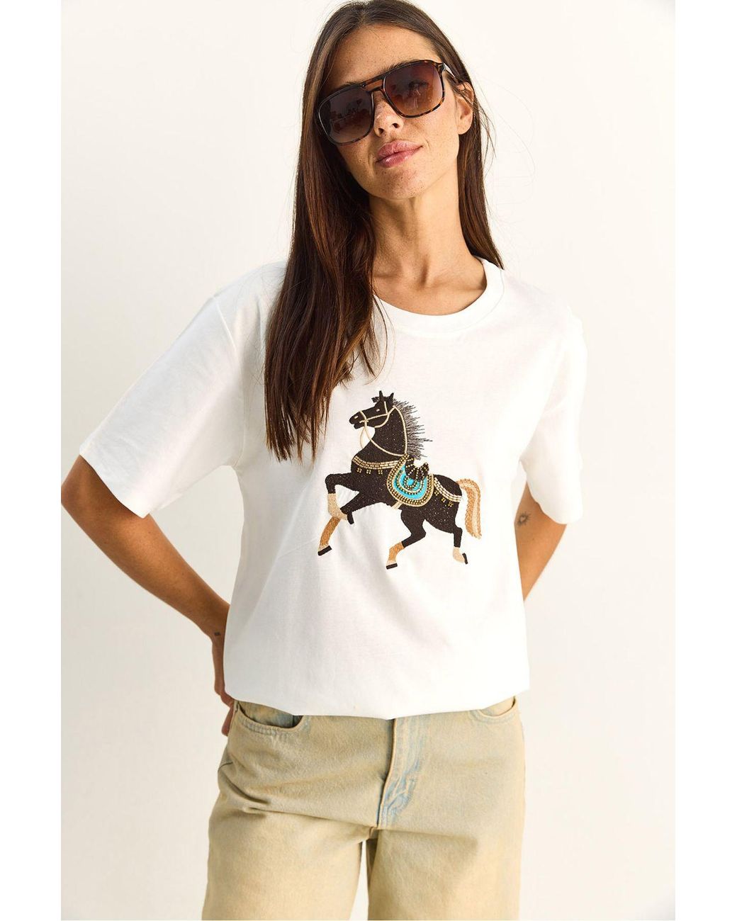 Bianco Lucci Natural Oversized Embroidered Sequin Crew Neck T-Shirt