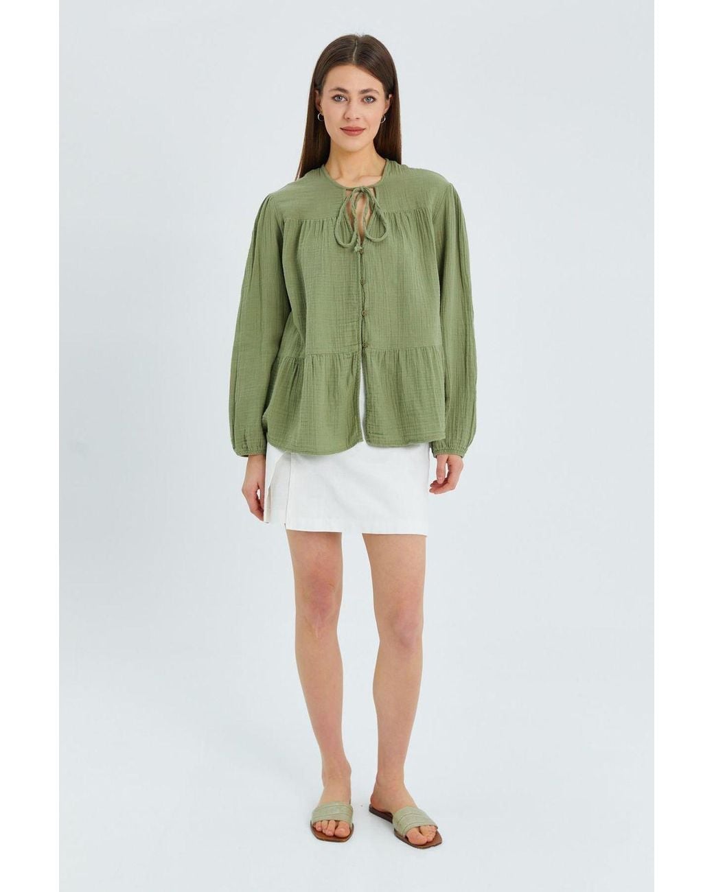 MixRay Green Long Sleeve Relaxed Fit Blouse With Tie-Neck