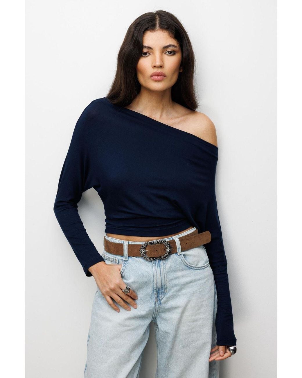 MixRay Blue Asymmetrical Collar Slim Fit Crop Blouse With Cut Out
