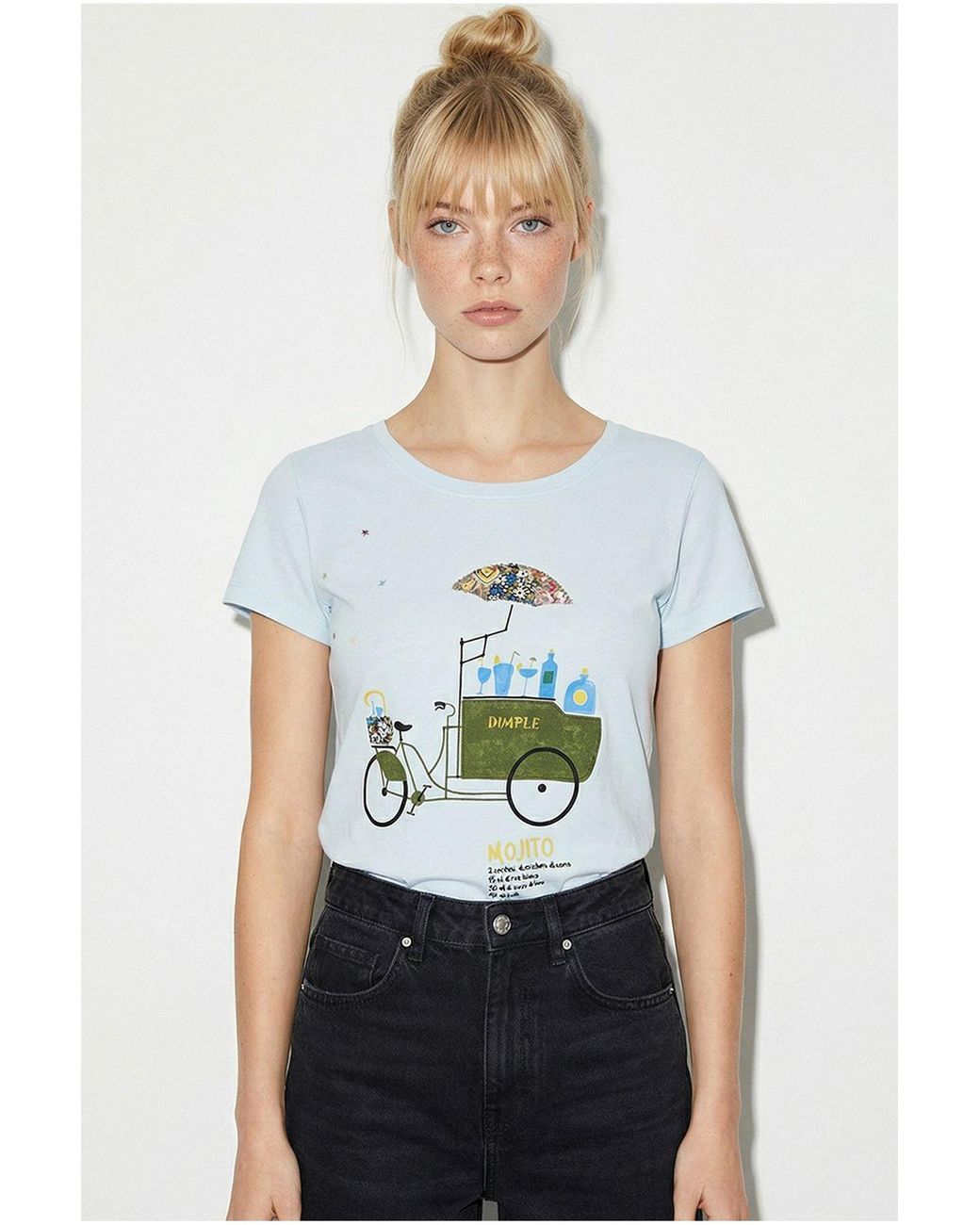 Bianco Lucci White Embroidered Printed Crew Neck T-Shirt