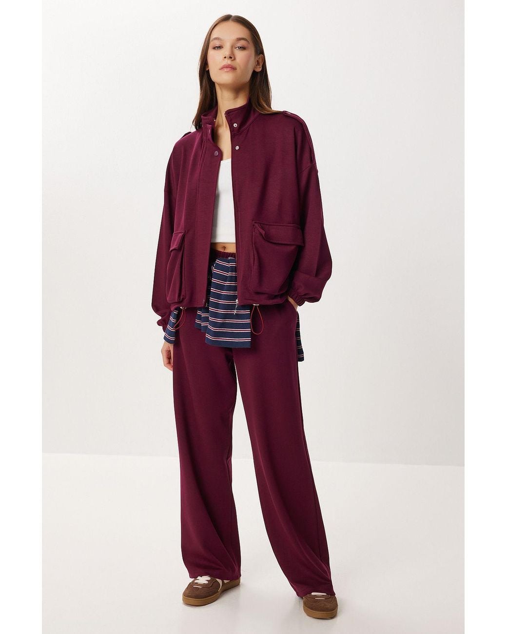 Happiness İstanbul Red Pocket Detail Jacket & Wide Leg Pants Two-Piece Set