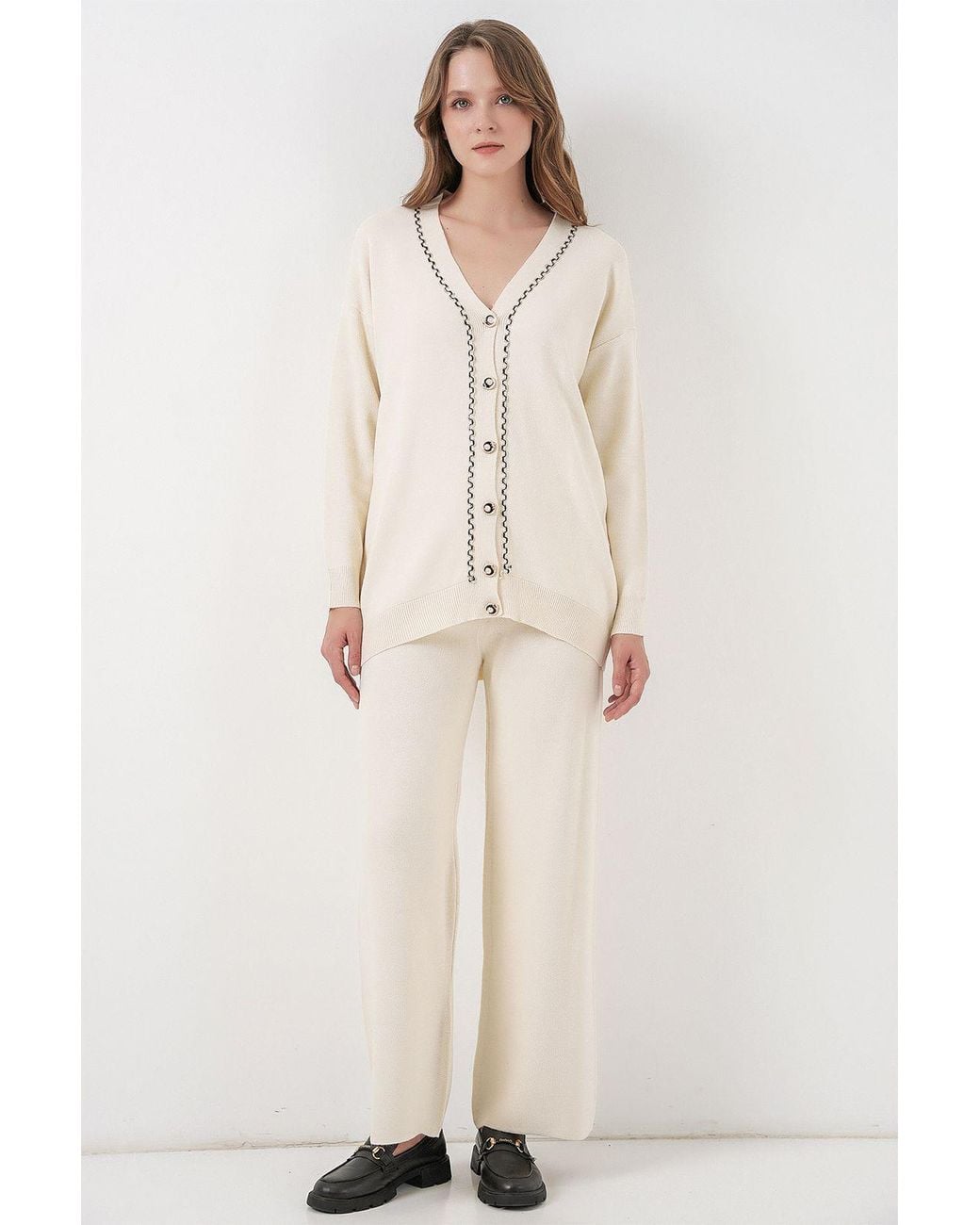 Bigdart Natural V-Neck Cardigan And Wide Leg Pants Set