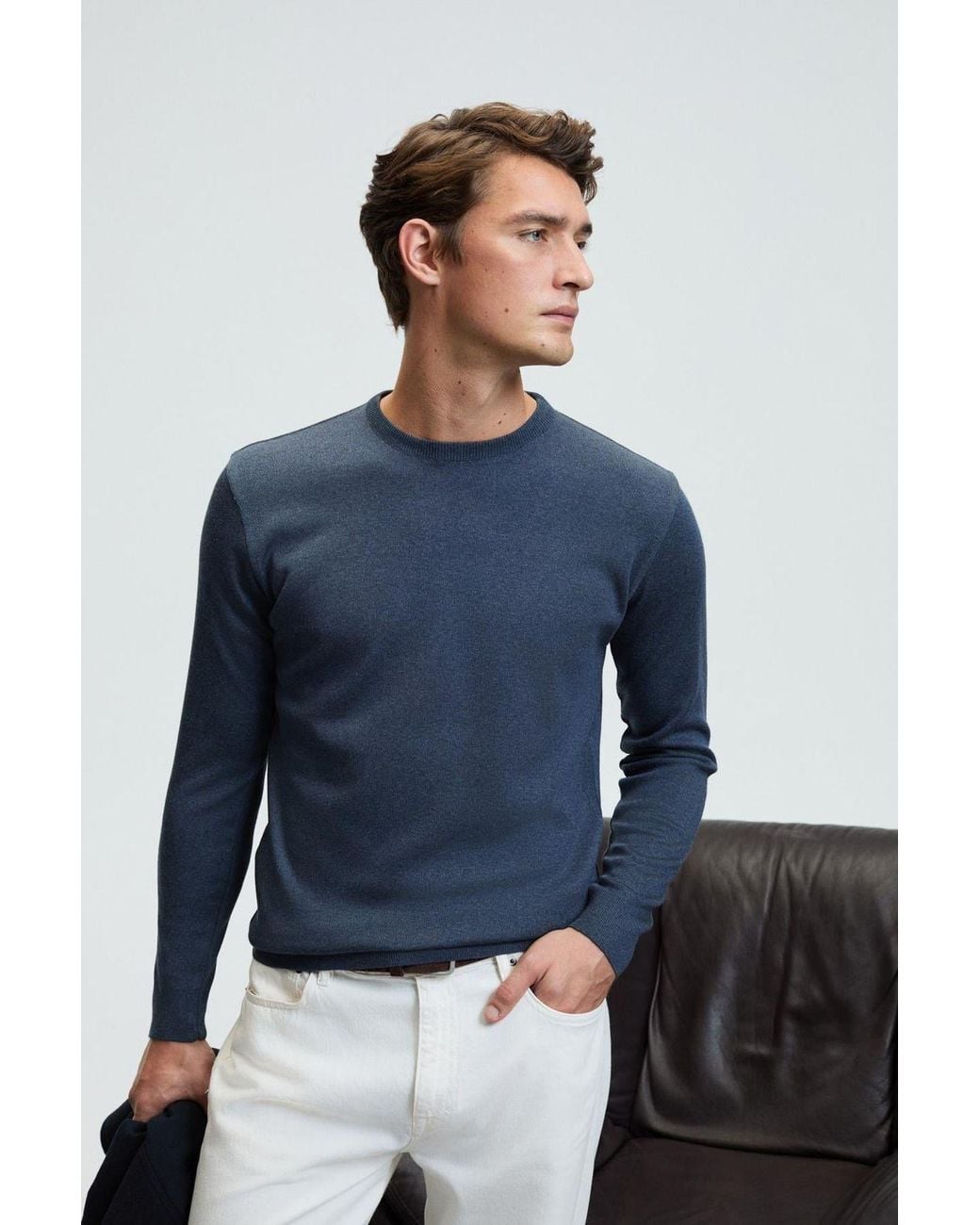 Grimelange Blue Ribbed Crew Neck Jumper for men