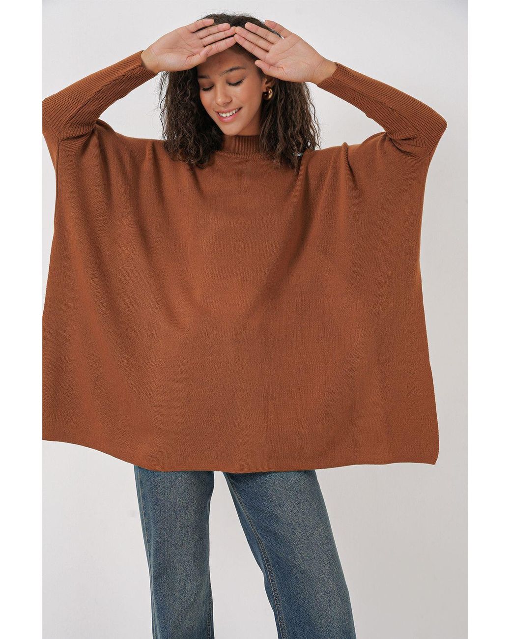 Bigdart Brown Slit Detailed Half Turtleneck Loose Sweater