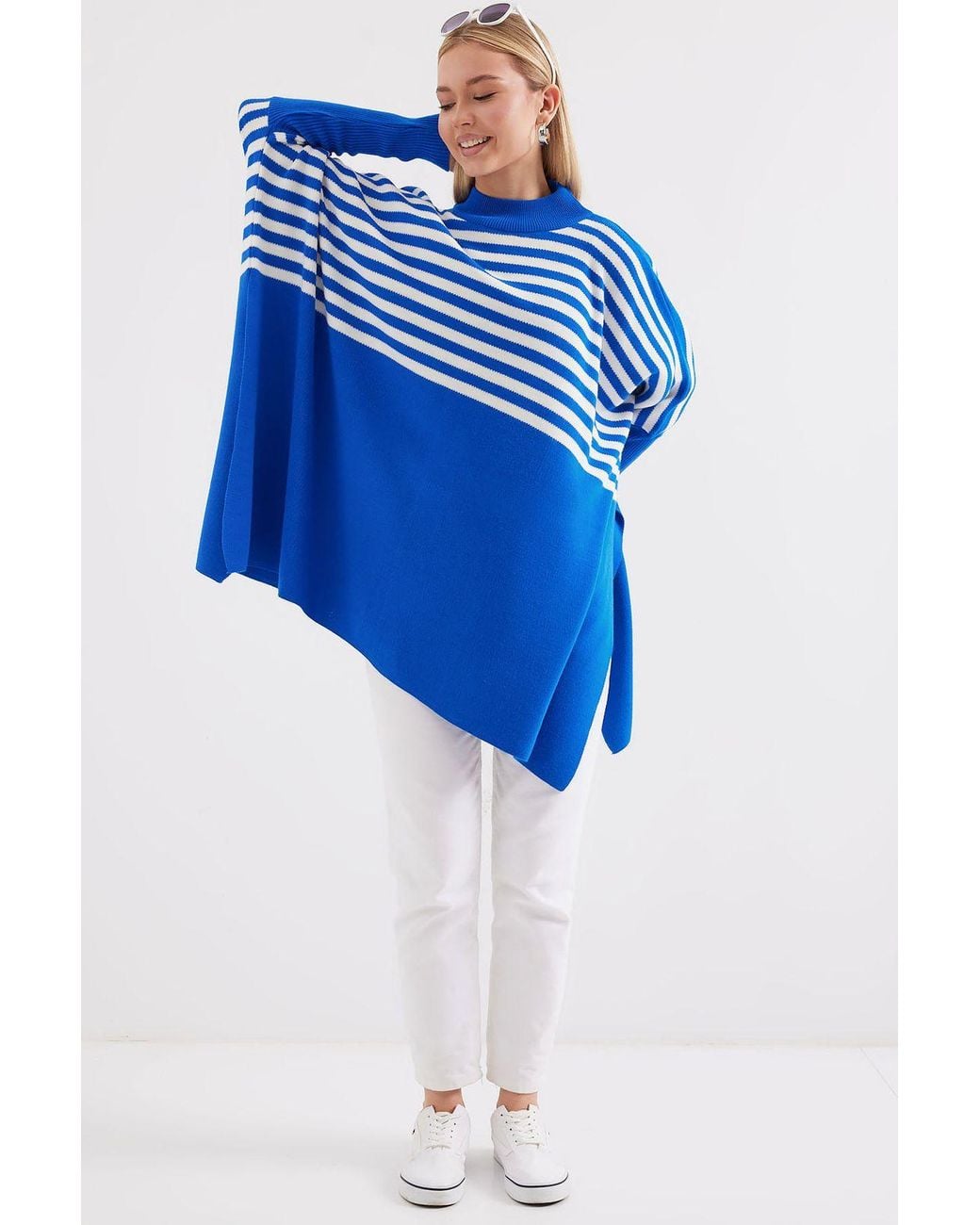 Bigdart Blue Slit Detailed Half Turtleneck Loose Sweater