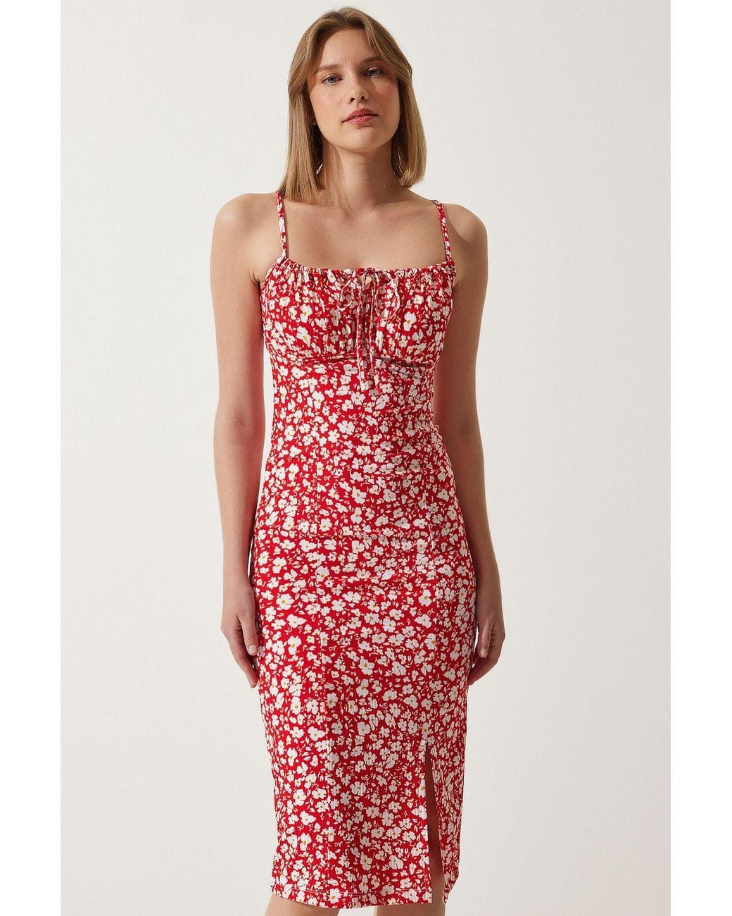 Happiness İstanbul Red Floral Ribbed Bodycon Midi Dress With Slit