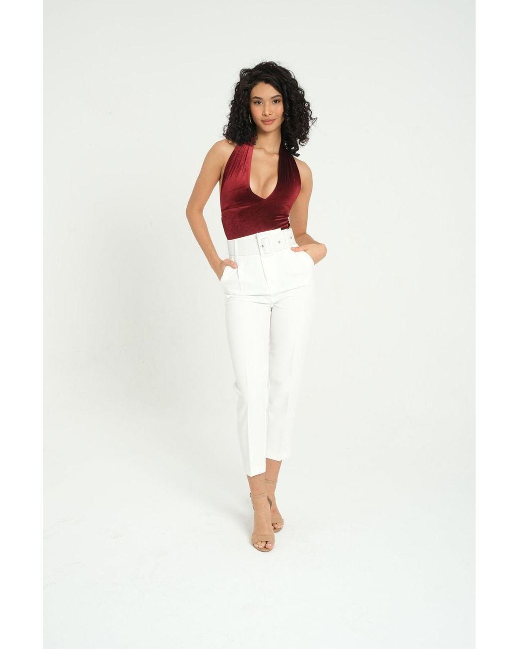 Hiccup White Plunge Neck Velvet Backless Sleeveless Body