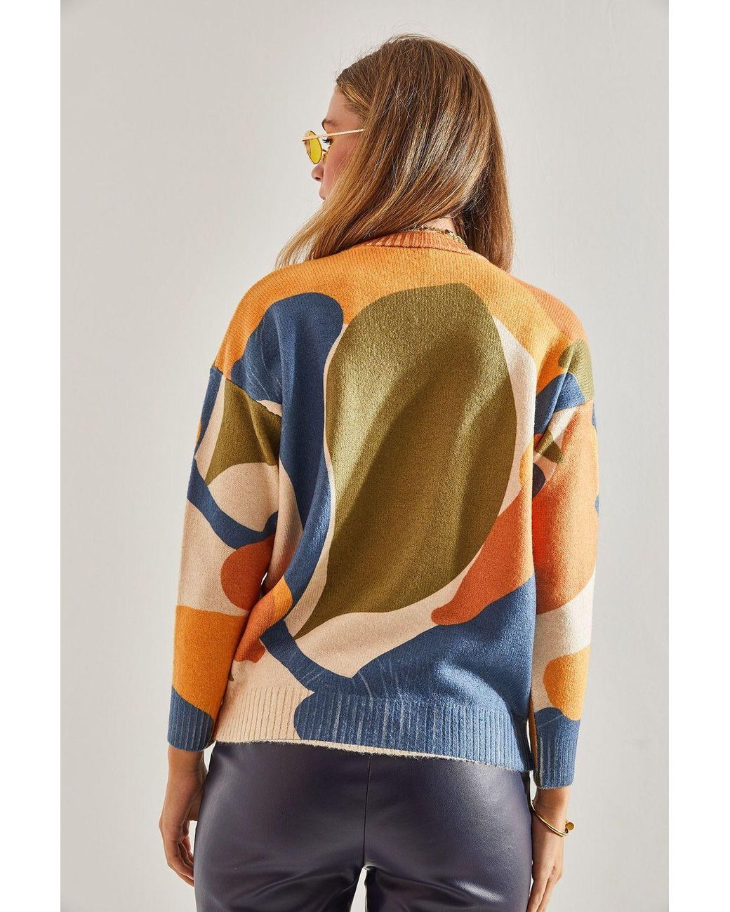 Bianco Lucci Multicolor Pattern Knit Sweater With Crew Neck