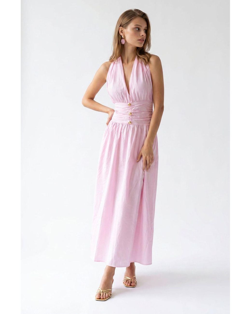 MixRay Pink Cotton Poplin Halter Maxi Dress