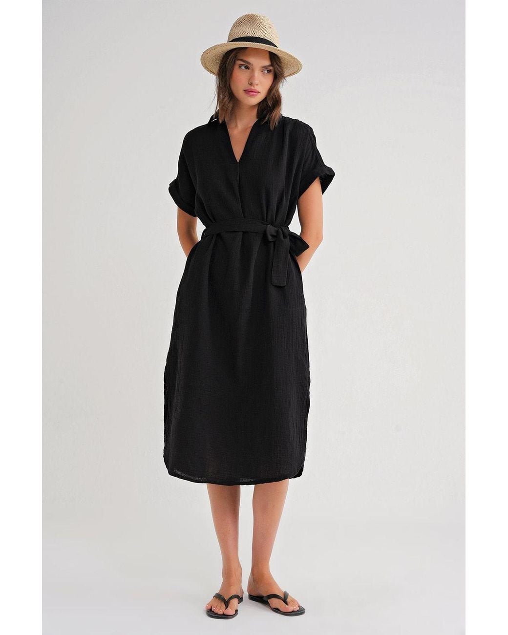 MixRay Black Belted Short-Sleeve Midi Dress