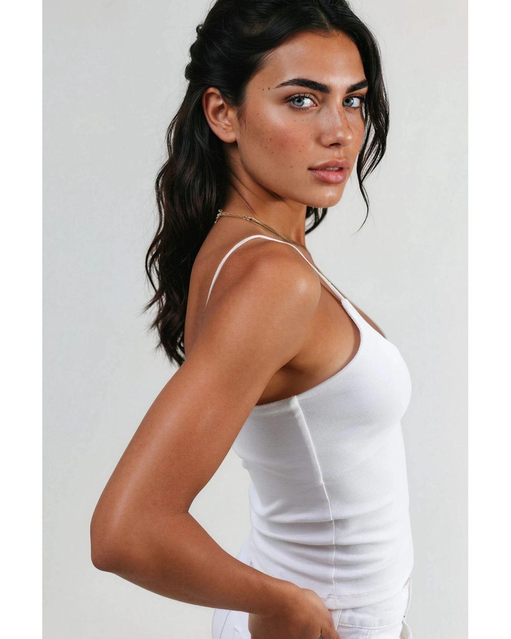 Busem White Slim Fit Ribbed V-Neck Blouse