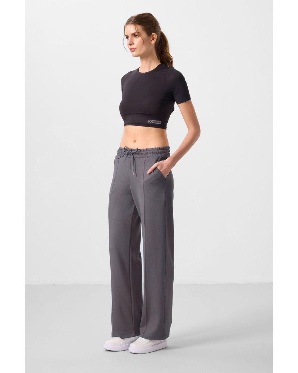 TOMMY LIFE Black Textured Wide Leg Palazzo Pants With Drawstring Waist