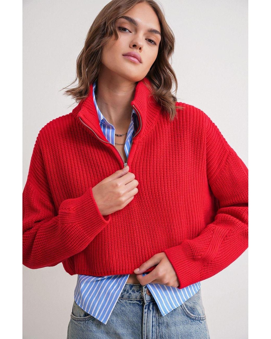 MixRay Textured Long Sleeve Zipped Collar Sweater