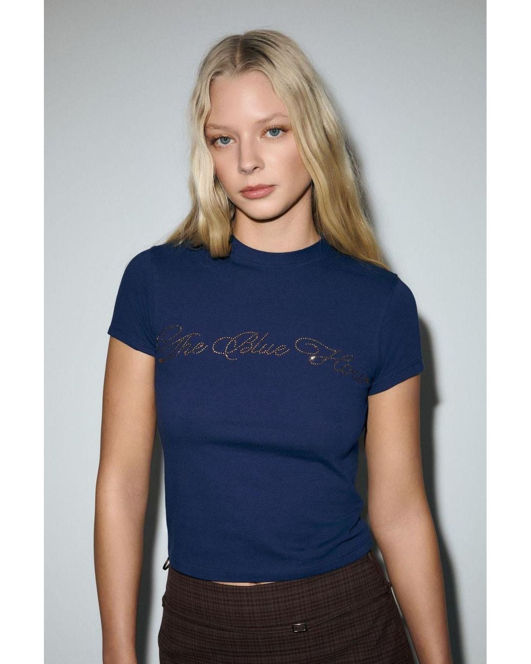 Grimelange Blue Printed Crop Crew Neck T-Shirt