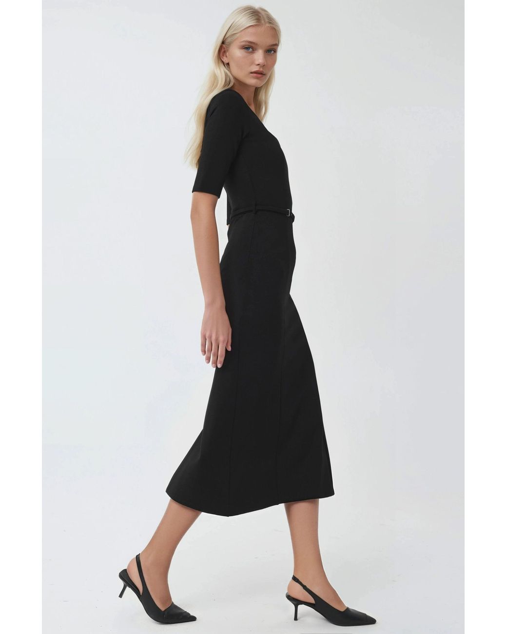 Busem Black Belted Midi Dress With Square Collar