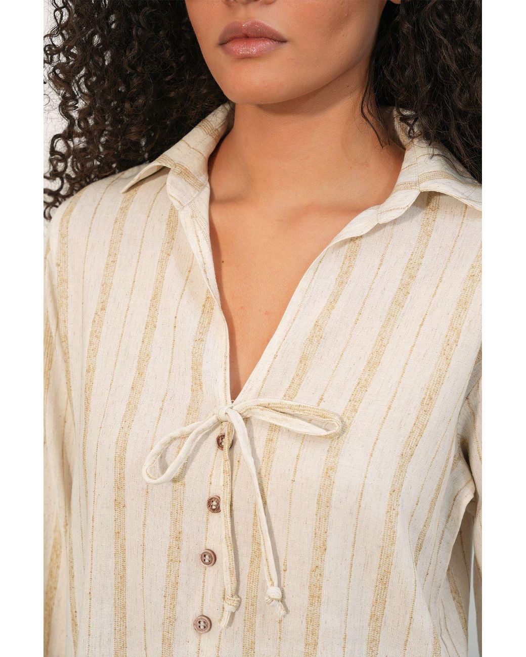 Bigdart Natural Striped Linen Blend Shirt With Tie Detail