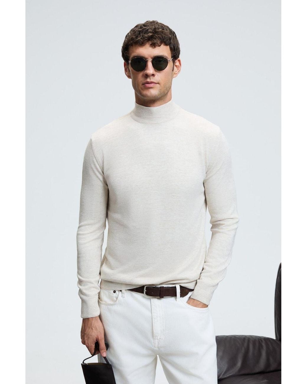 Grimelange White Fine Knit Ribbed Crew Neck Jumper for men