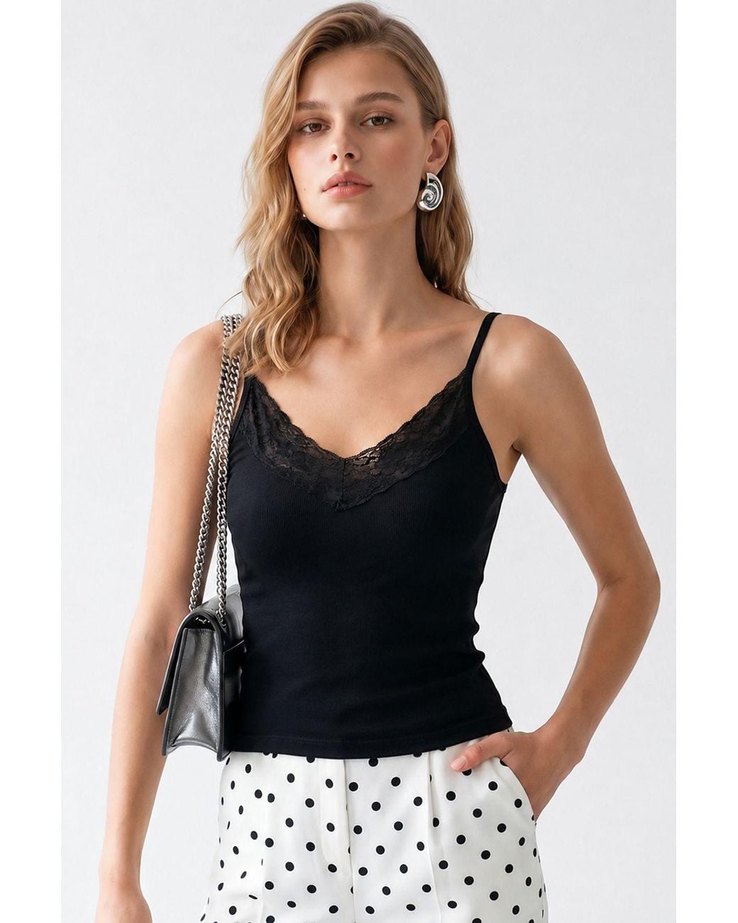 MixRay Black Fitted Viscose Lace Cami Top