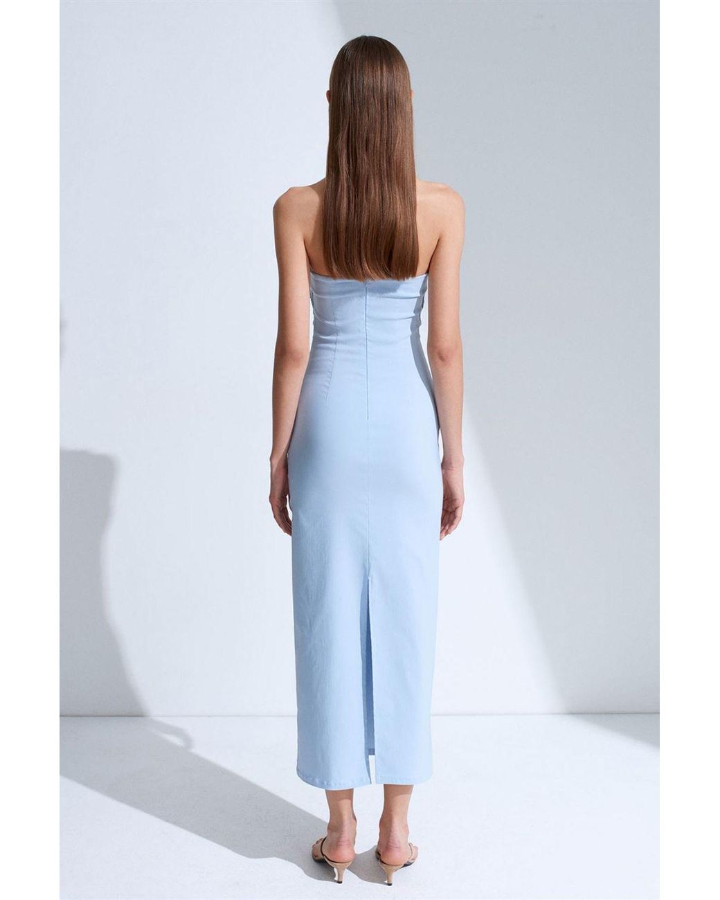 Dilvin Blue Strapless Bodycon Midi Dress With Slit