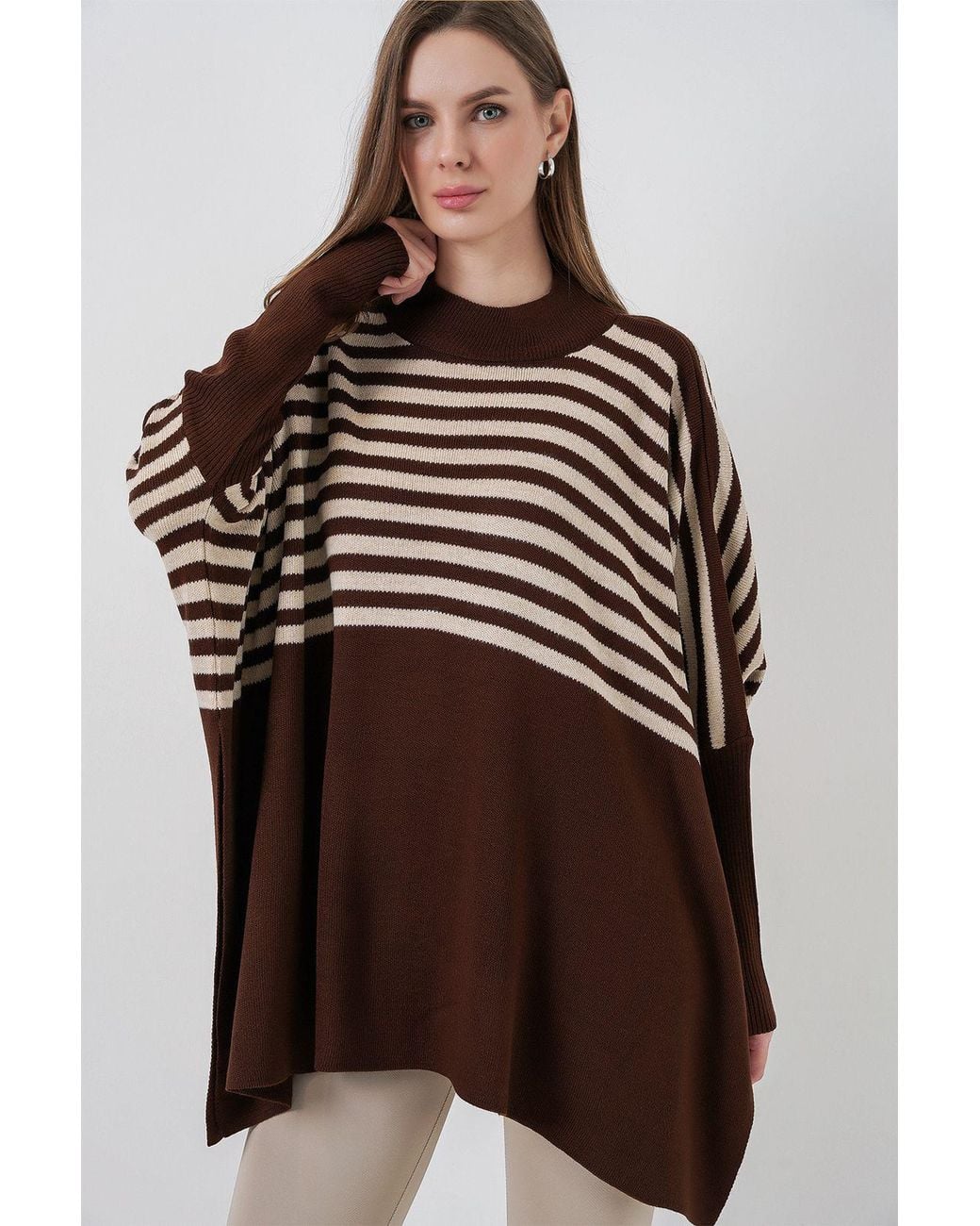 Bigdart Brown Slit Detailed Half Turtleneck Loose Sweater