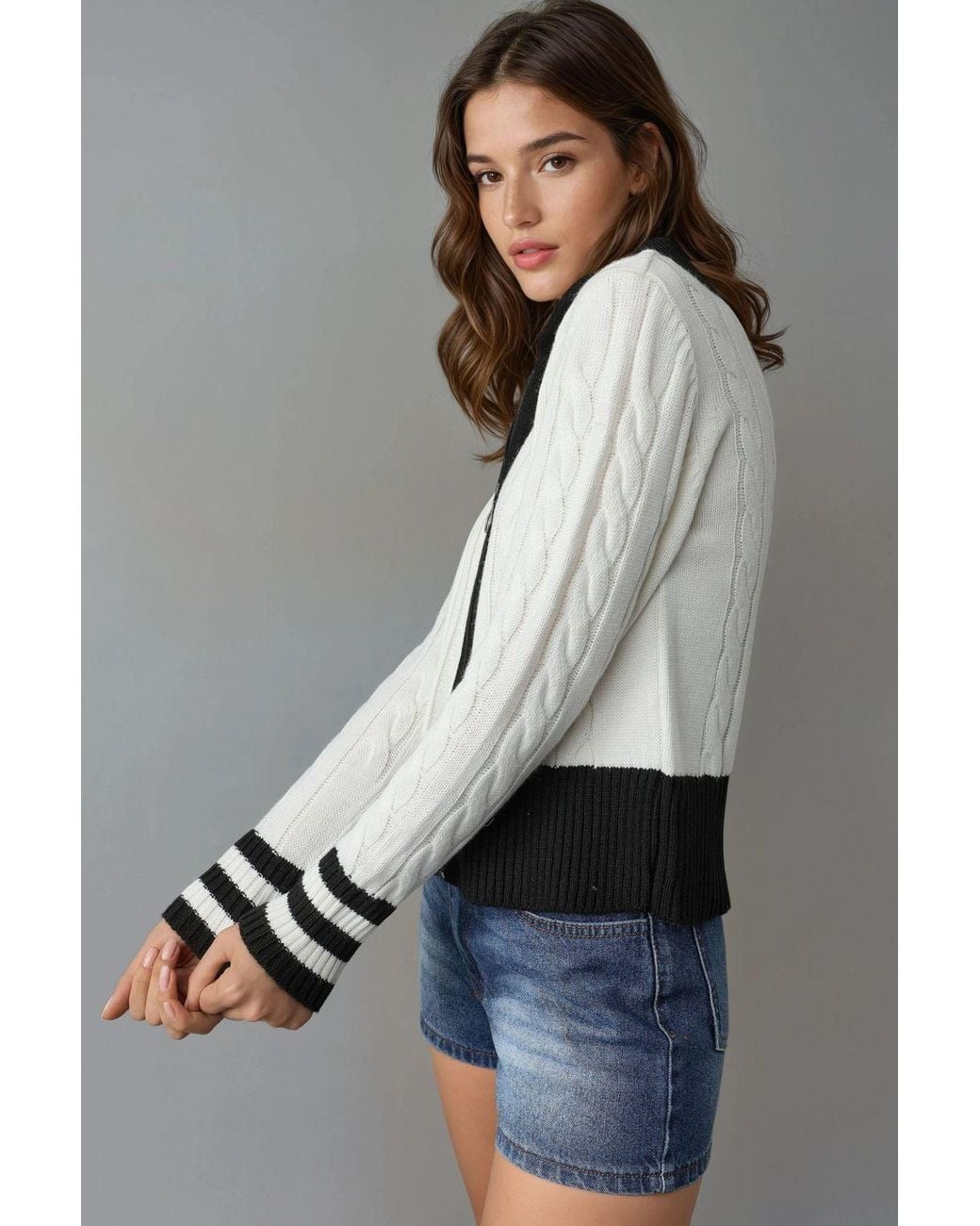 My Fashion Gray Polo Neck Zippered Cardigan