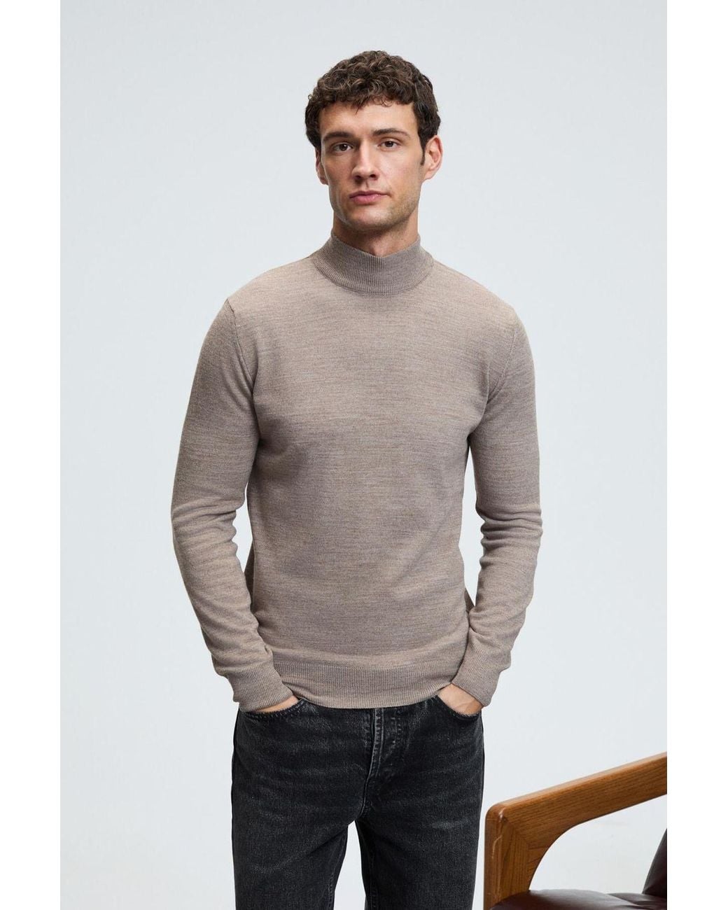Grimelange Brown Fine Knit Ribbed Crew Neck Jumper for men