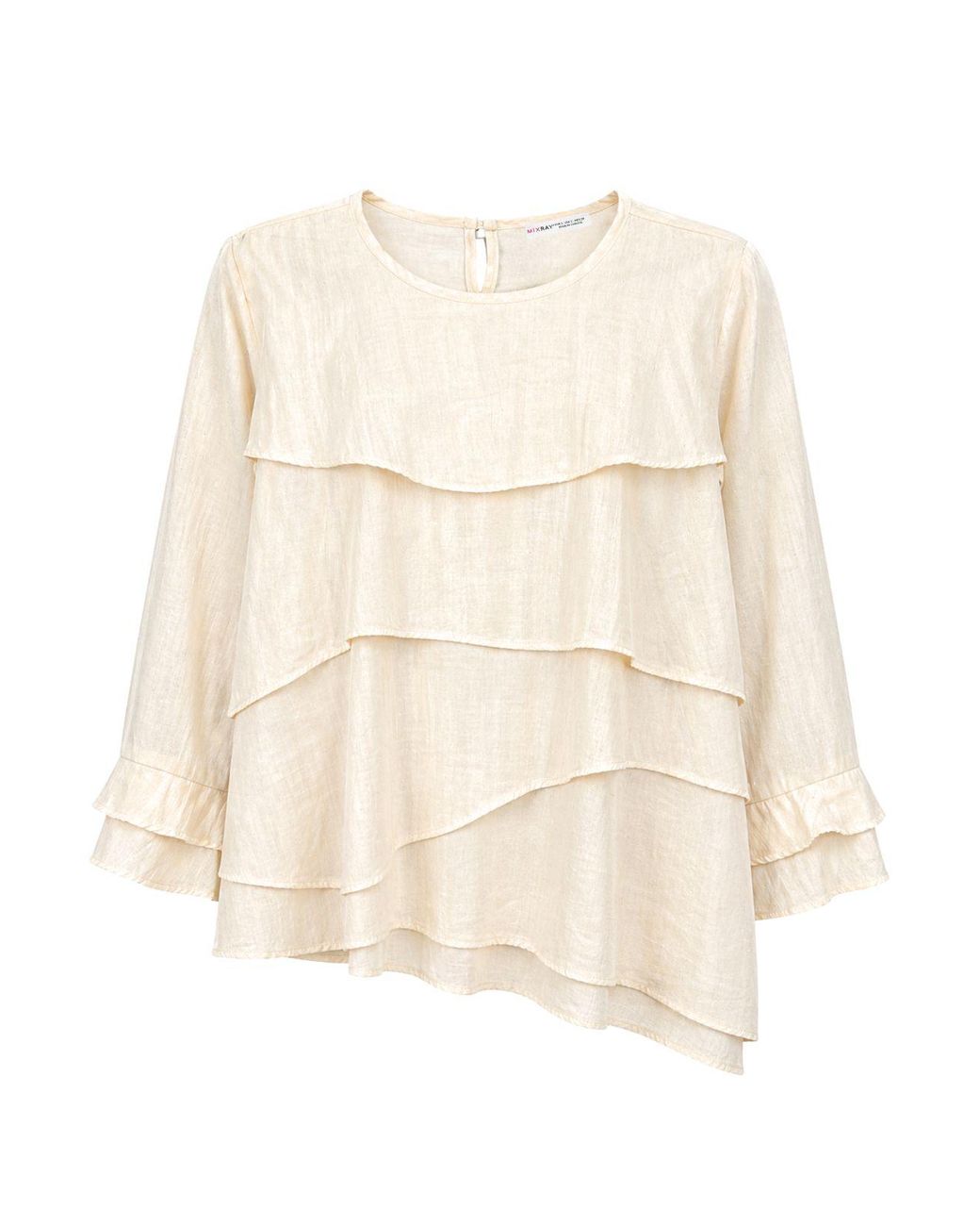 MixRay Natural Frilly Long Sleeve Crew Neck Blouse