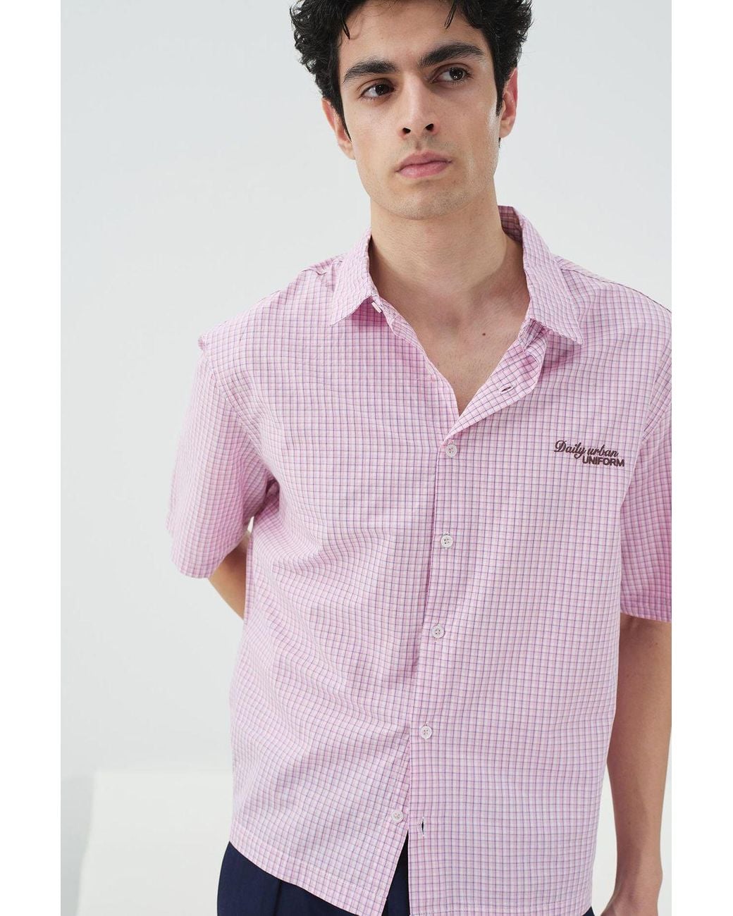 Giesto Pink Gingham Cotton Poplin Short Sleeve Shirt for men