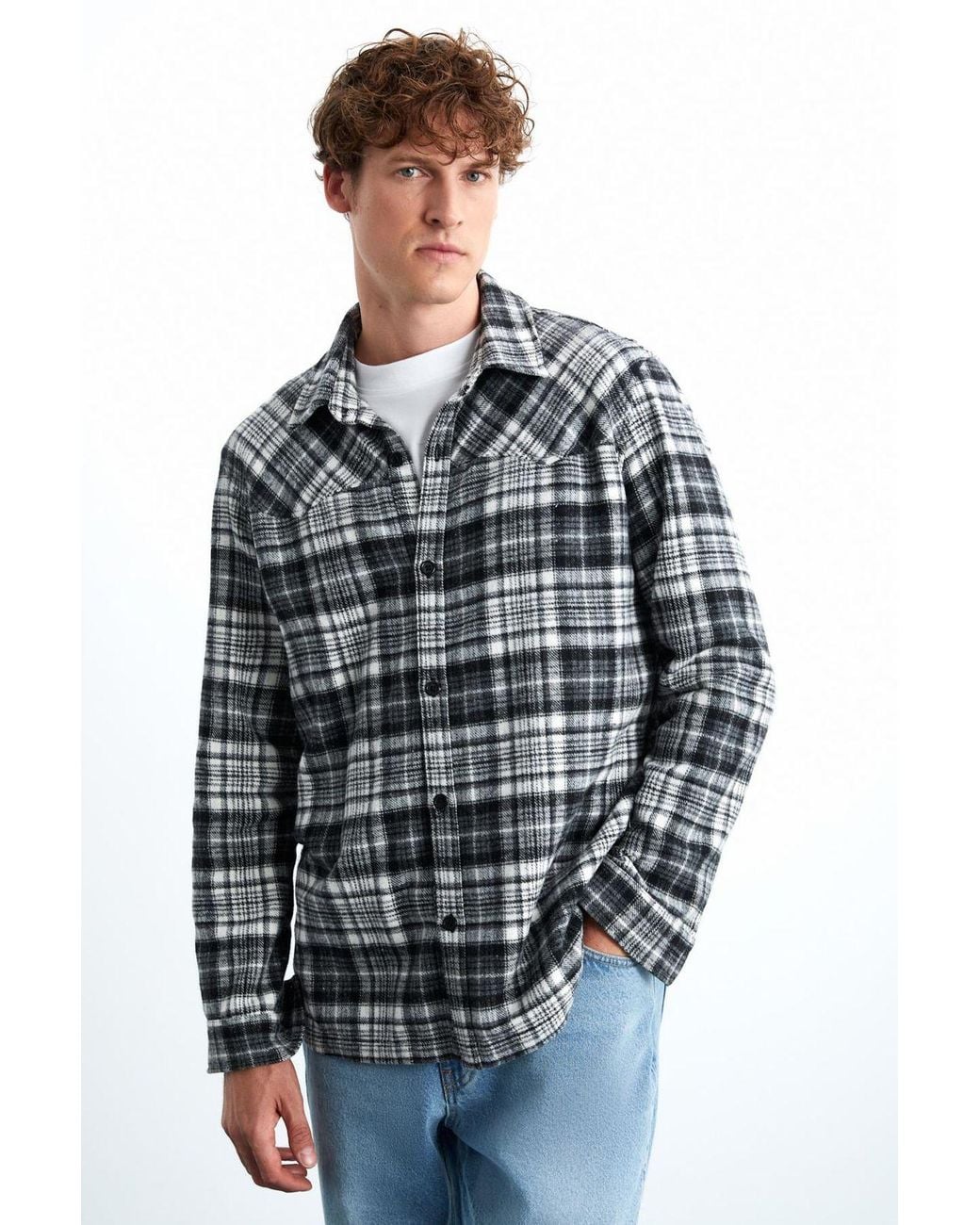 Grimelange Gray Relaxed Plaid Long Sleeve Shirt for men