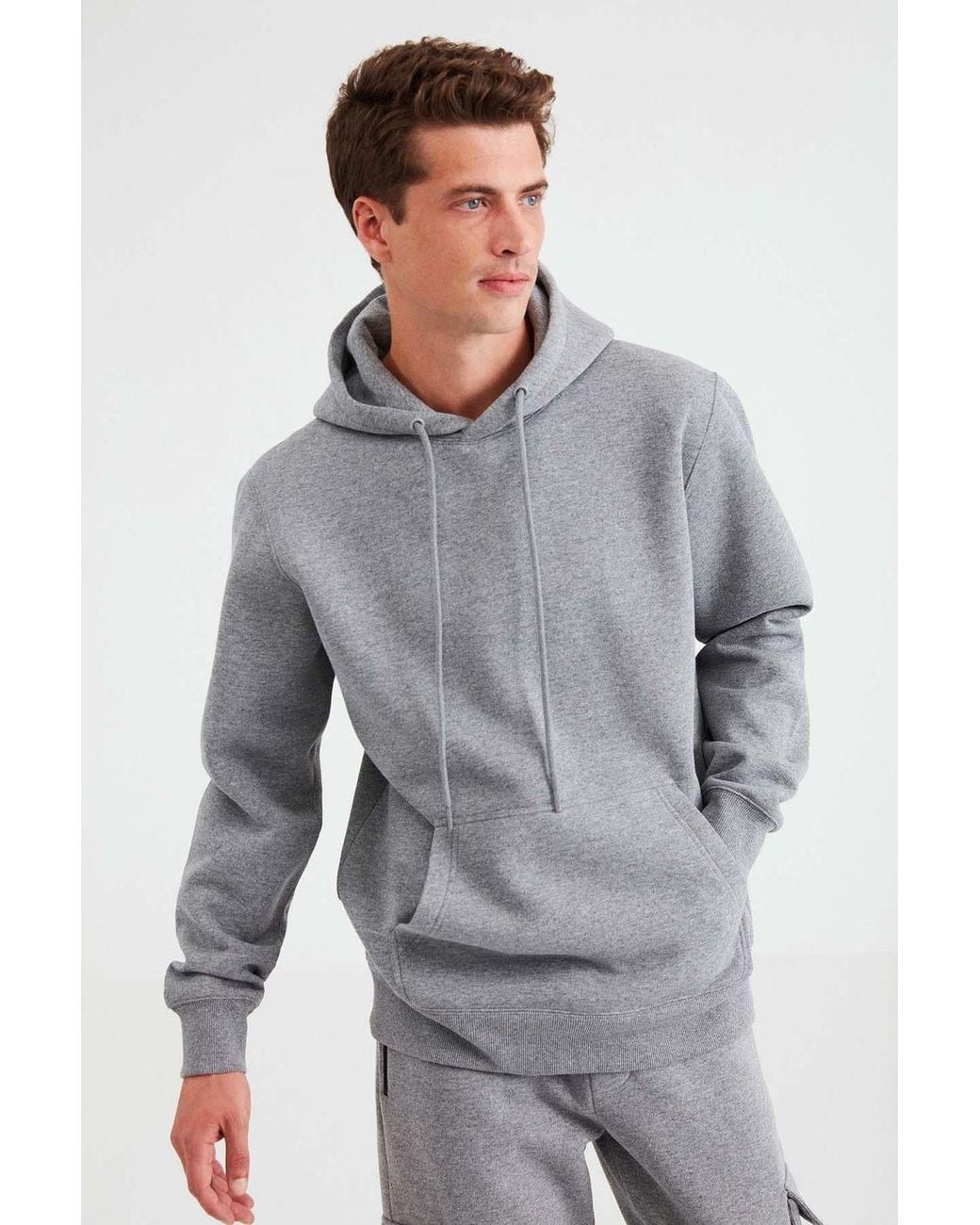 Grimelange Gray Hooded Pocket Regular Sweatshirt for men