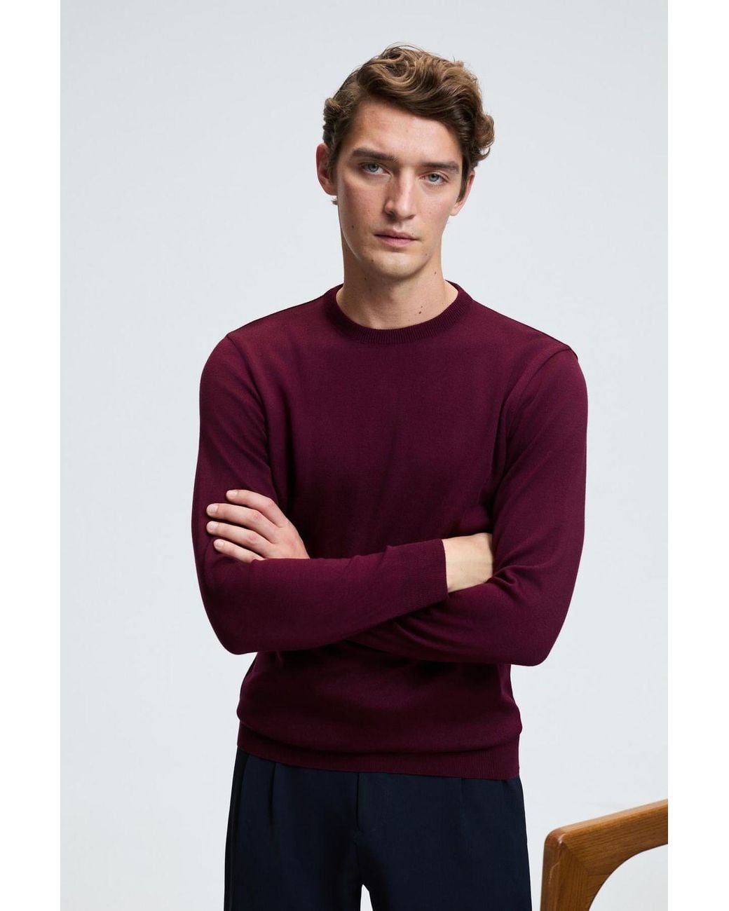Grimelange Red Ribbed Crew Neck Jumper for men