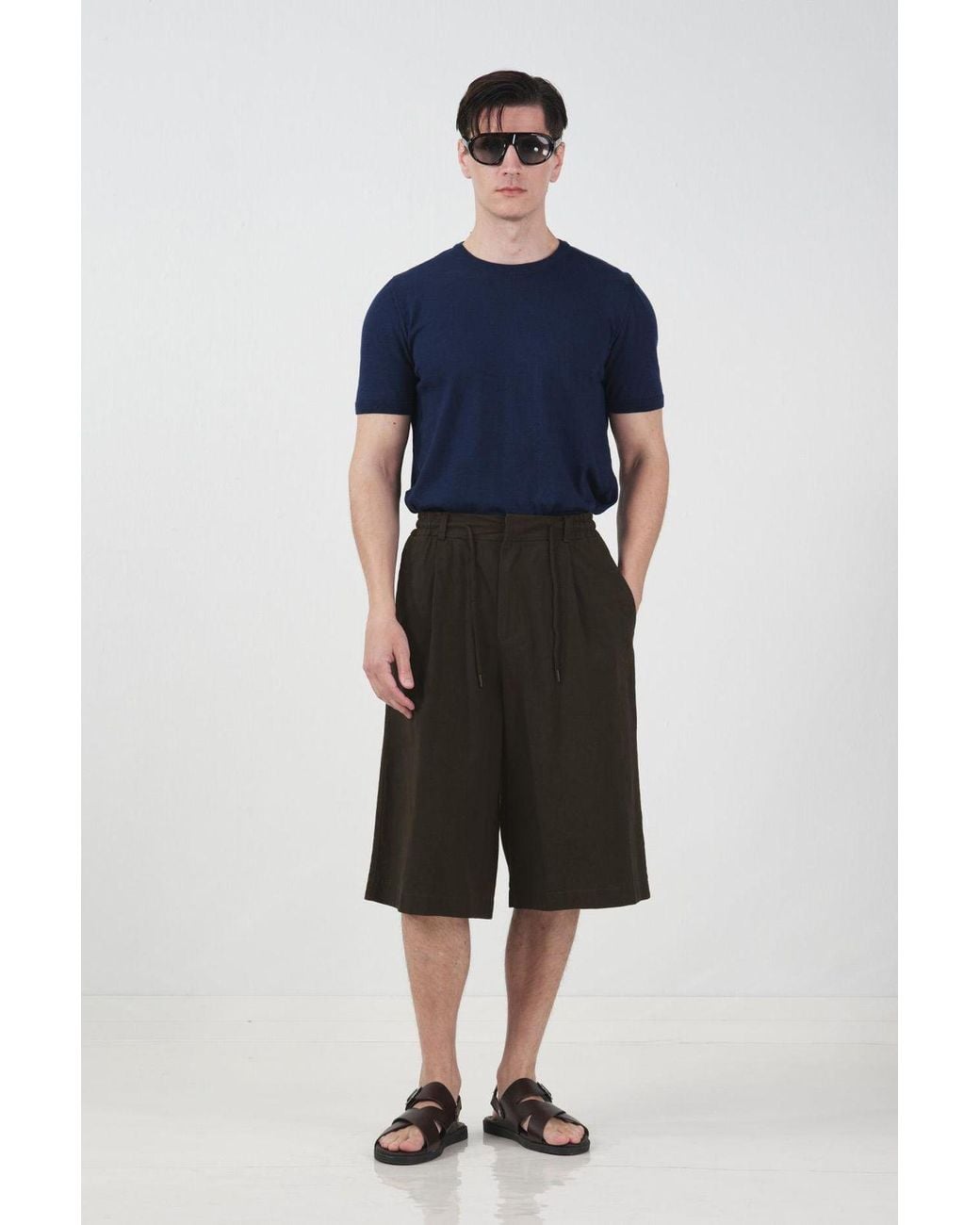 Giesto Blue Mid Waist Wide Leg Capri Shorts With Drawstring for men