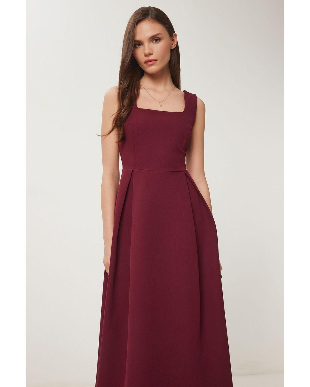 Happiness İstanbul Red Square Collar A-Form Midi Dress With Zipper Closure