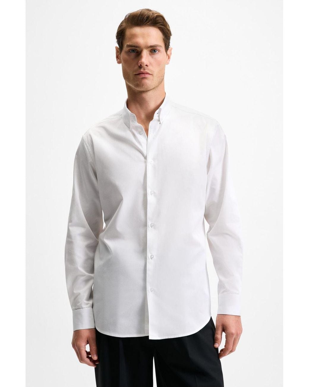 Grimelange White Button Collar Poplin Shirt for men