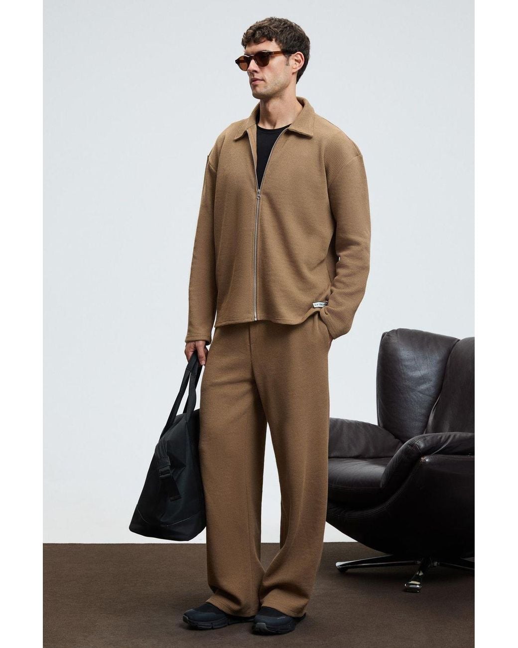 Grimelange Natural Wide Leg Drawstring Trousers for men