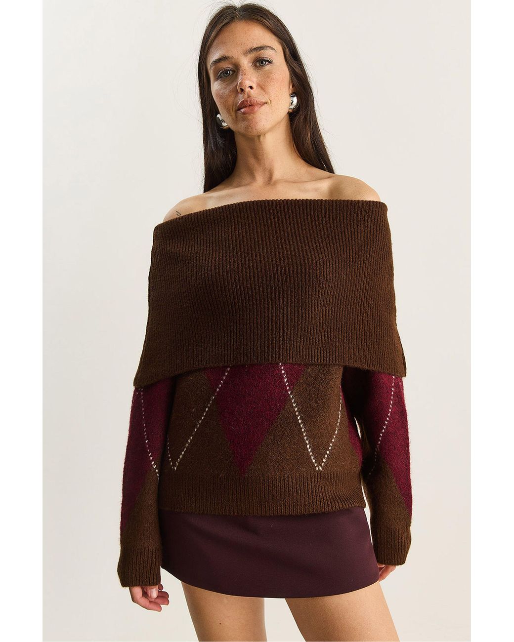 Bianco Lucci Brown Madonna Collar Knitted Sweater With Baklava Pattern