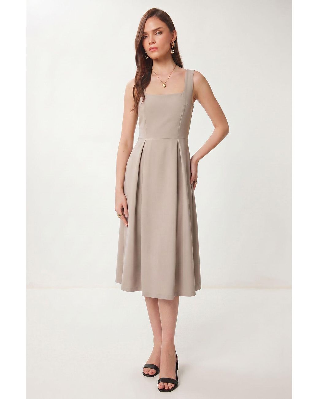 Happiness İstanbul Natural Square Collar A-Form Midi Dress With Zipper Closure