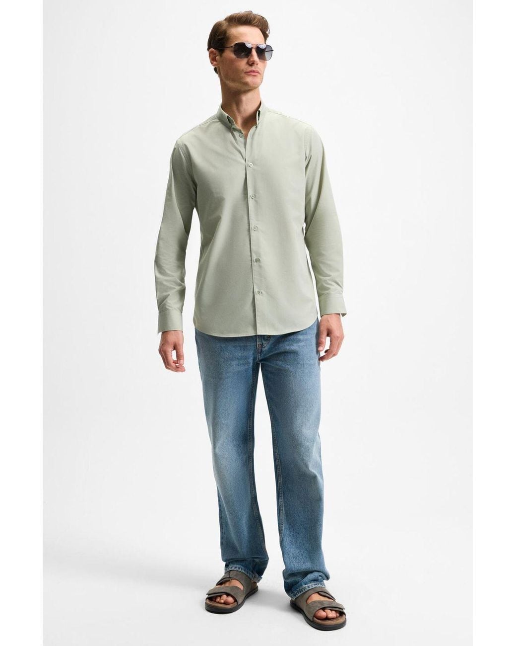 Grimelange Gray Button Collar Poplin Shirt for men