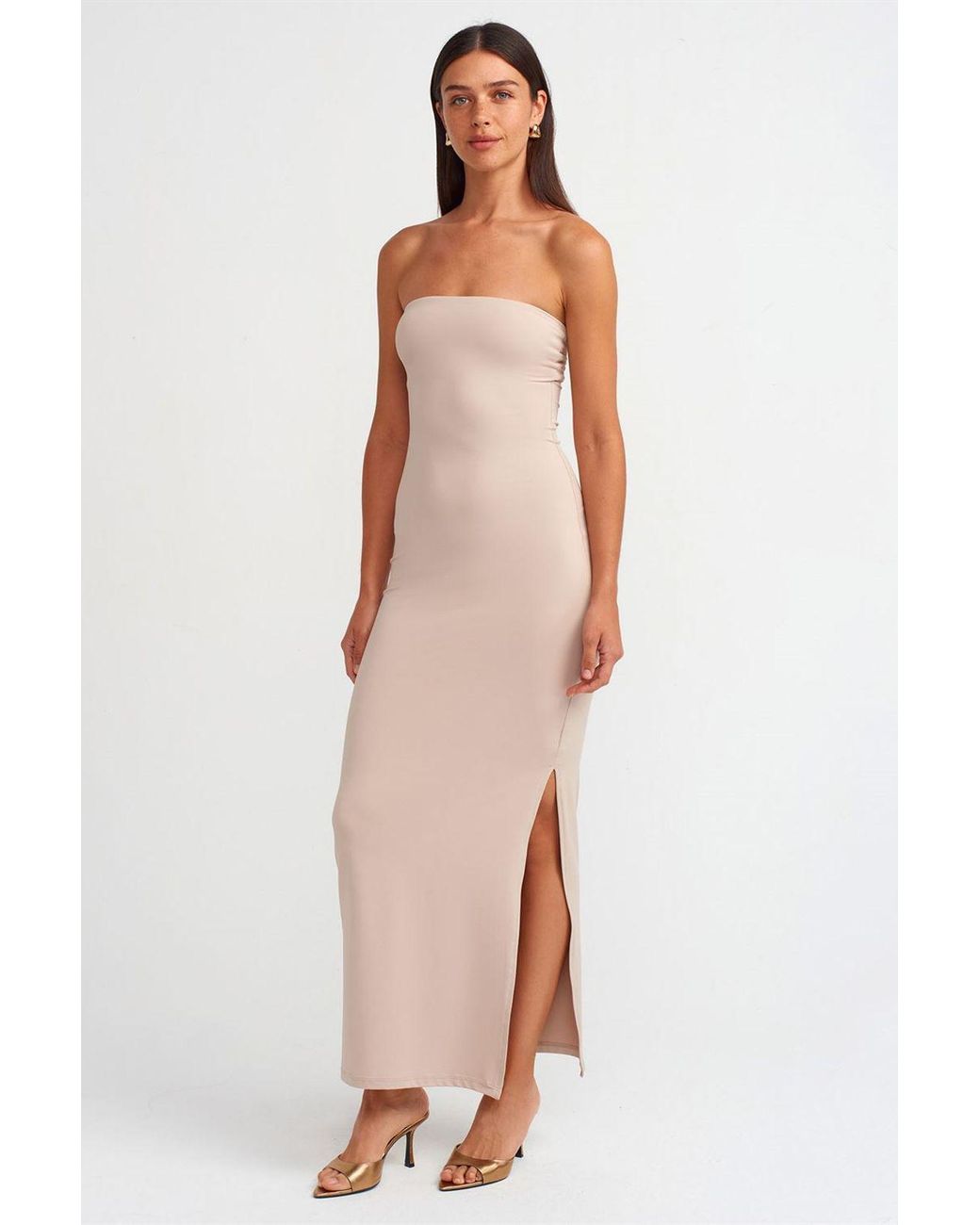 Dilvin Strapless Bodycon Maxi Jurk Met Split in het White