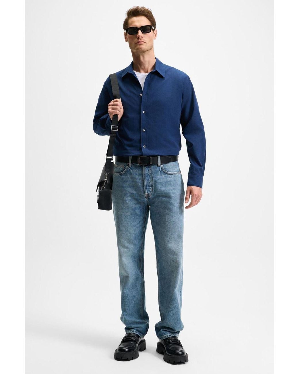 Grimelange Blue Straight Collar Button Front Shirt for men