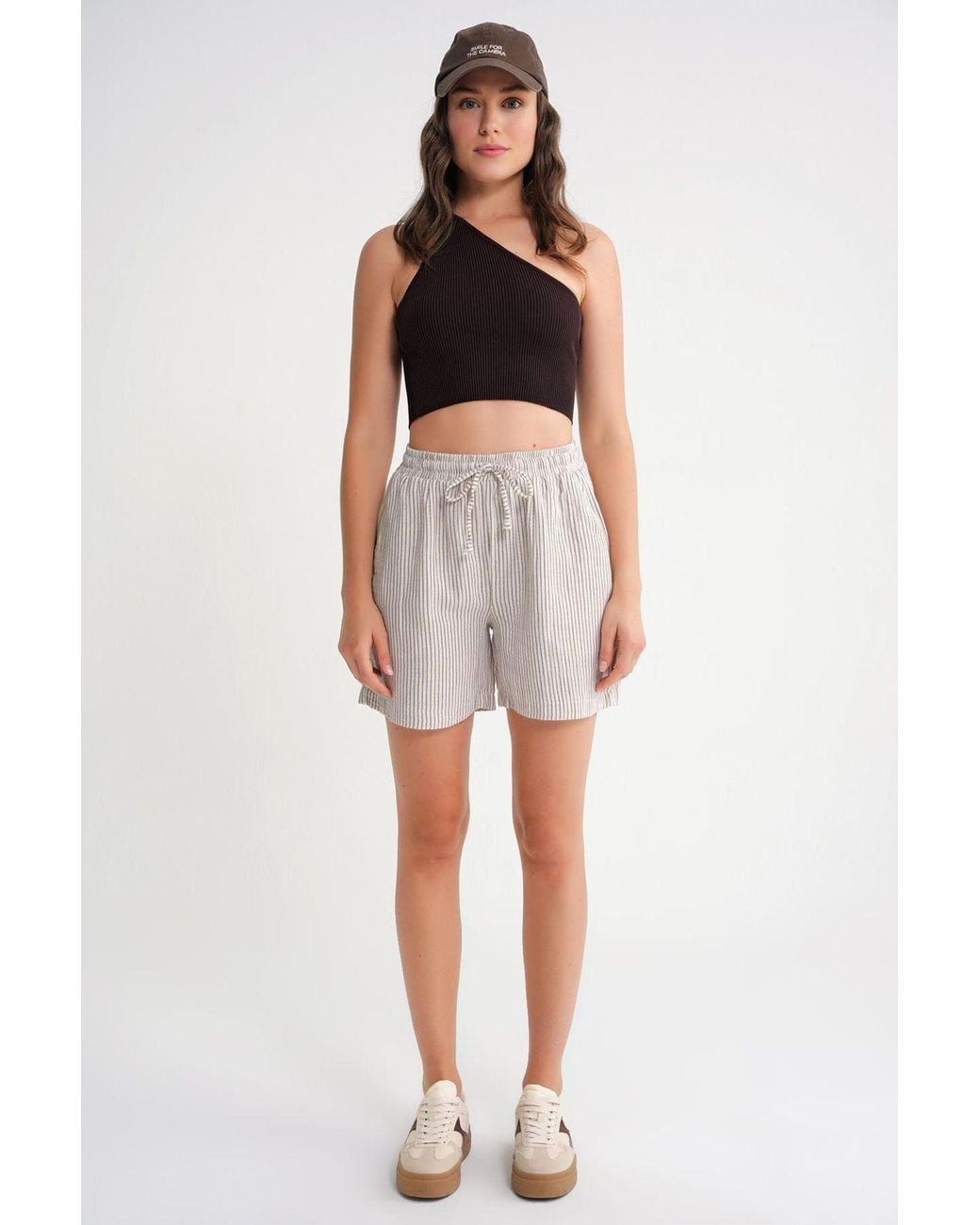 MixRay Brown High-Waisted Striped Wide Leg Shorts