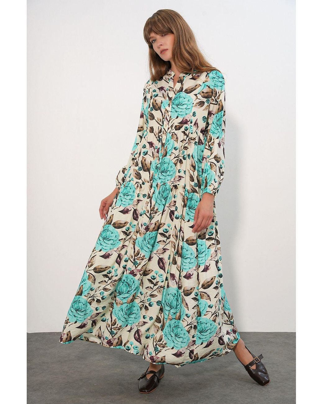 Bigdart Green Floral Maxi Dress With Mandarin Collar