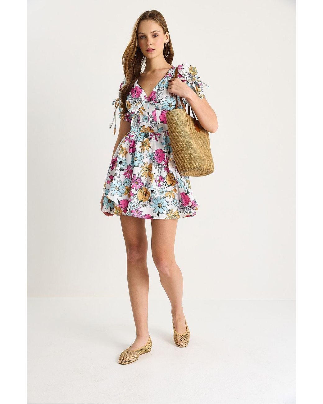 Bianco Lucci White Printed V-Neck Cut Out Midi Dress